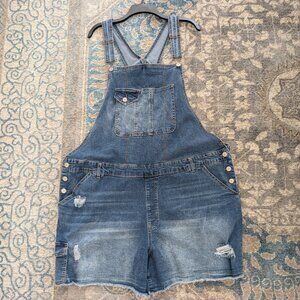 WALLFLOWER Overall Shorts Women's 3X Tom Boy Blue Denim Distressed Fade Stretch
